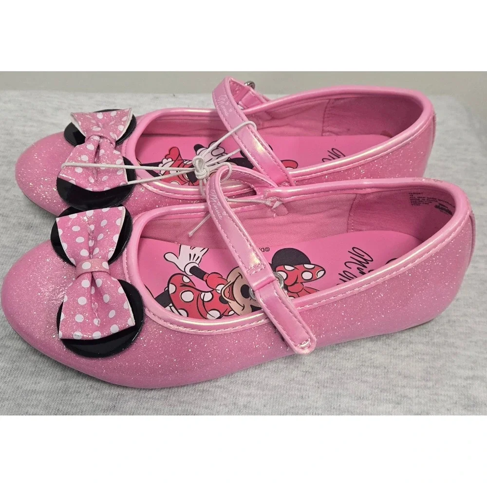 Disney Minnie Mouse Girls Pink Glitter Mary Jane Flats Bow Dress Shoes Size 12